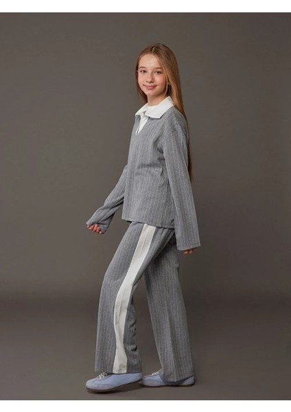 Kids Gri Polo Yaka Pamuklu Interlok Kumaş Çizgili Kız Çocuk Sweatshirt ve Tayt Takım fiyatları