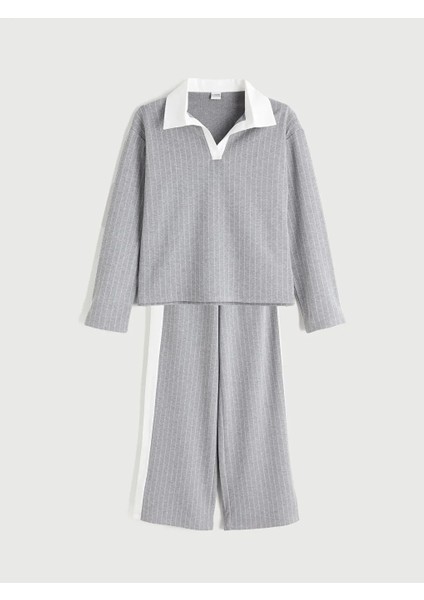 Kids Gri Polo Yaka Pamuklu Interlok Kumaş Çizgili Kız Çocuk Sweatshirt ve Tayt Takım modelleri