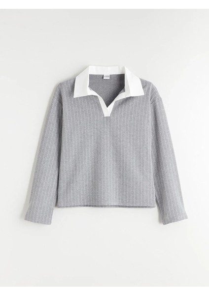 Kids Gri Polo Yaka Pamuklu Interlok Kumaş Çizgili Kız Çocuk Sweatshirt ve Tayt Takım fırsatları