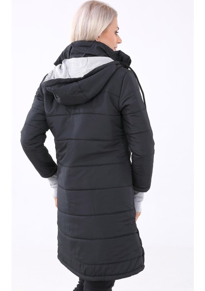 Kışlık Kapüşonlu Uzun Kadın Şişme Mont