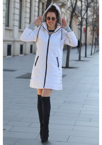 Kışlık Kapüşonlu Uzun Kadın Şişme Mont