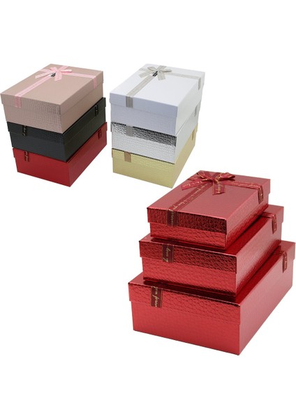 3pcs D.dörtgen Parlak Mix Renkli - Kabartma Desen Karton Hediye Kutusu Kurdelalı 33X24.5-28.5X20.5-24X16.5CM (5332)