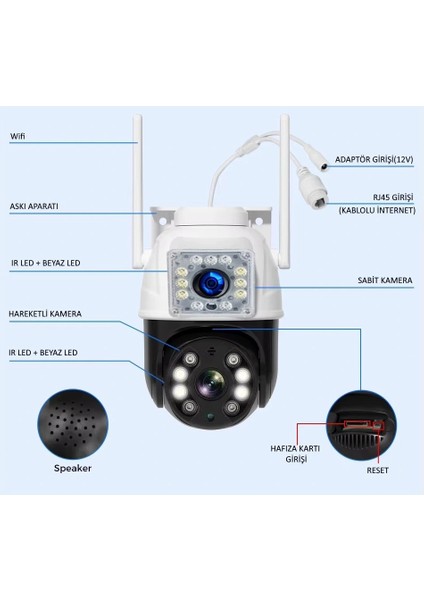 Pro 3012 Wi-Fi Ptz Iki Kameralı 360? Iç ve Dış Mekan Akıllı Kamera 3mp - 5mp IP66 (1 Hareketli 1 Sabit Wifi Li) modelleri