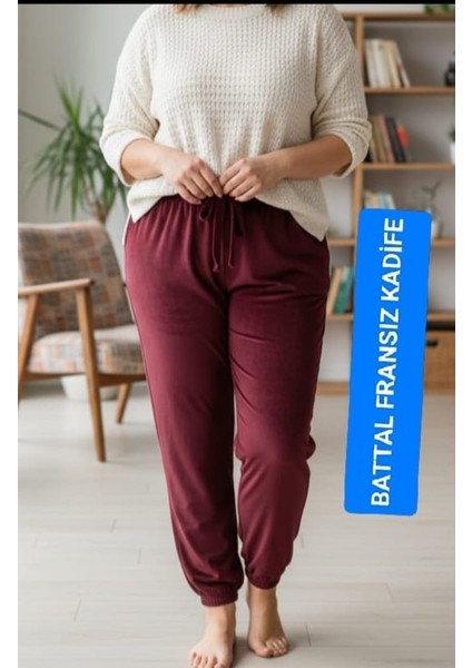 Kadın Bayan Fransız Kadife Battal Büyük Beden Bel ve Paçalar Lastikli Cepsiz Eşofman Altı Pantolon Pijama Altı Tayt