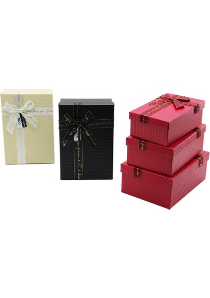 3pcs D.dörtgen Mat Mix Renkli - Kabartma Desen Karton Hediye Kutusu Kurdelalı 22.5X15.5-20.5X13.5-18.5X11.5CM (5332)