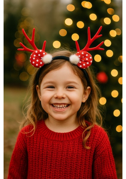 Yılbaşı Geyik Boynuzlu Puf Tüylü Kırmızı Puantiyeli Saç Bandı Çocuk Parti Taç Aksesuar