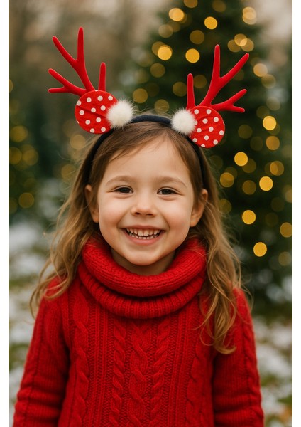 Yılbaşı Geyik Boynuzlu Puf Tüylü Kırmızı Puantiyeli Saç Bandı Çocuk Parti Taç Aksesuar modelleri
