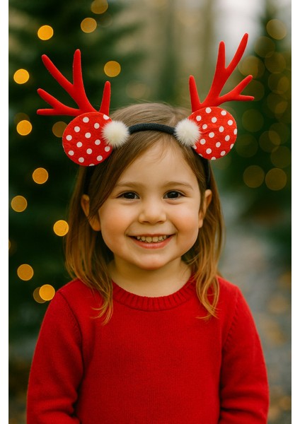 Yılbaşı Geyik Boynuzlu Puf Tüylü Kırmızı Puantiyeli Saç Bandı Çocuk Parti Taç Aksesuar fırsatları