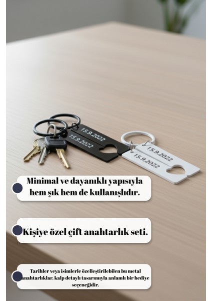 Kişiye Özel Kalp Detaylı Metal Çift Anahtarlık Seti indirimleri