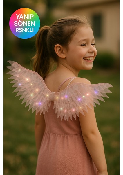 Rose Renk Işıklı Melek Kanadı Çocuk Kostüm Aksesuarı Şeffaf Parlak Işıltılı Kanat - (3 - 7 Yaş)