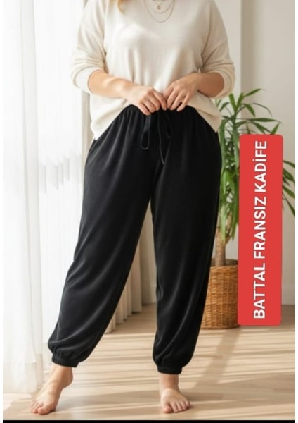 Kadın Bayan Fransız Kadife Battal Büyük Beden Bel ve Paçalar Lastikli Cepsiz Eşofman Altı Pantolon Pijama Altı Tayt