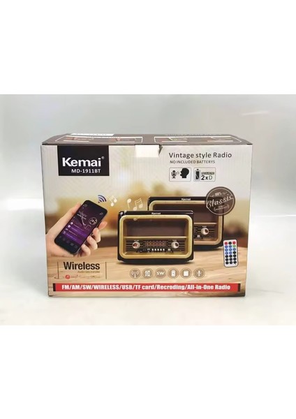 Kemai MD-1911BT Şarjlı Nostaljik Bluetooth Fm Radyo USB Sd Mp3