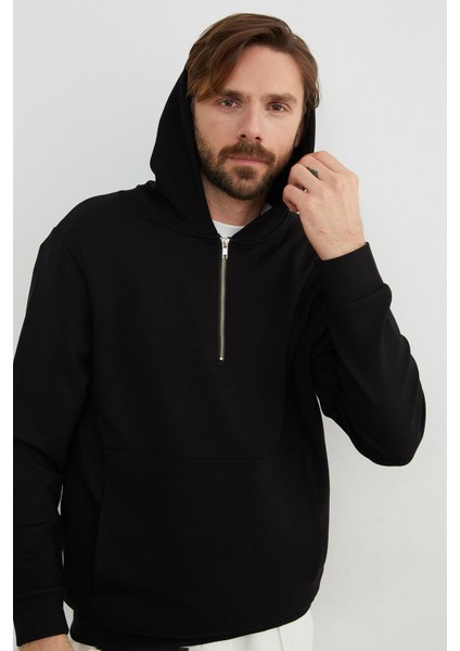 Yarım Fermuarlı Kapüşonlu Modal Sweatshirt