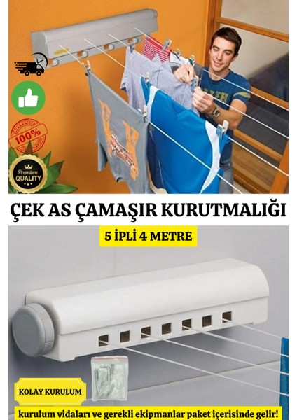 Lüx Çamaşır Kurutmalık Çek As 5 Ipli 4 Metre Kolay Kurulum Açılır Kapanır Ergonomik Dayanıklı