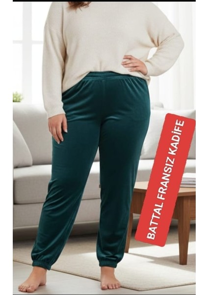 Kadın Bayan Fransız Kadife Battal Büyük Beden Bel ve Paçalar Lastikli Cepsiz Eşofman Altı Pantolon Pijama Altı Tayt