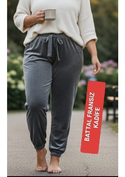 Kadın Bayan Fransız Kadife Battal Büyük Beden Bel ve Paçalar Lastikli Cepsiz Eşofman Altı Pantolon Pijama Altı Tayt