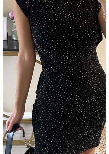 Kadın Dik Yaka Taş Detaylı Kısa Elbise Siyah - 26M 10957 fiyatları