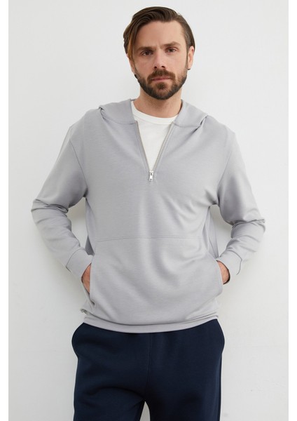 Yarım Fermuarlı Kapüşonlu Modal Sweatshirt