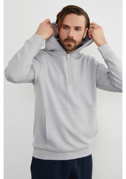 Yarım Fermuarlı Kapüşonlu Modal Sweatshirt