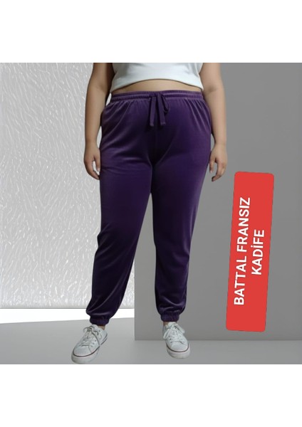 Kadın Bayan Fransız Kadife Battal Büyük Beden Bel ve Paçalar Lastikli Cepsiz Eşofman Altı Pantolon Pijama Altı Tayt