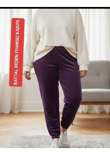 Kadın Bayan Fransız Kadife Battal Büyük Beden Bel ve Paçalar Lastikli Cepsiz Eşofman Altı Pantolon Pijama Altı Tayt
