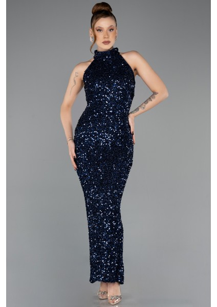 Halter Yaka Midi Pul Payet Abiye Elbise ABK2474