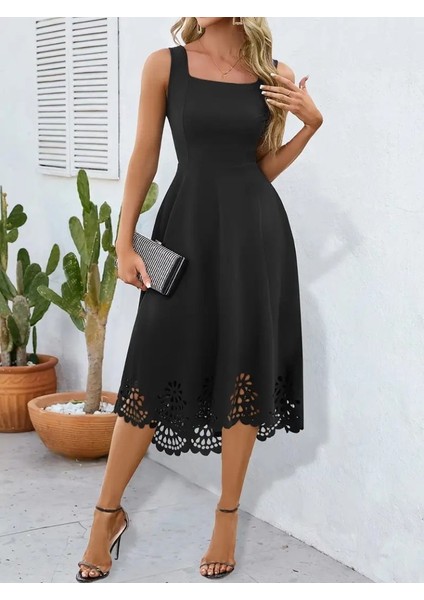 Kadın Askılı Geometrik Yaka Çiçek Lazer Kesim Ithal Krep Elbise fiyatları