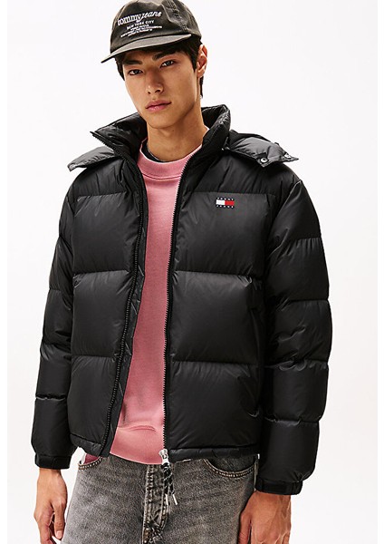 Tommy Hılfıger Erkek Marka Logolu Geri Dönüştürülmüş Yırtılmaz Naylon Dik Yakalı Fırtına Manşetli Kapüşonlu Siyah Mont DM0DM22036 Bds