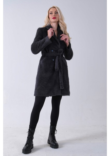 Gri Şal Yaka Çift Cepli Düğme Kapamalı Kemerli Peluş Kaban 0108088.06 fiyatları