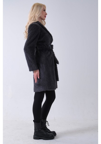 Gri Şal Yaka Çift Cepli Düğme Kapamalı Kemerli Peluş Kaban 0108088.06 indirimleri