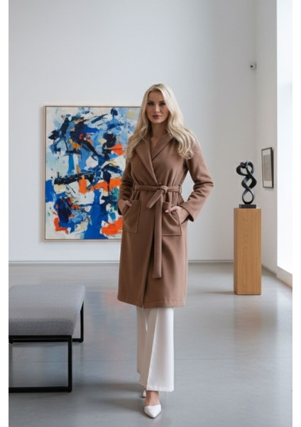 Camel Çift Cepli Kemer Bağlamalı Kapüşonlu Yün Kaban 0108089.09