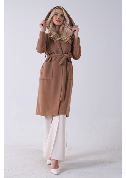 Camel Çift Cepli Kemer Bağlamalı Kapüşonlu Yün Kaban 0108089.09 fırsatları