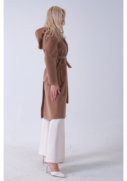 Camel Çift Cepli Kemer Bağlamalı Kapüşonlu Yün Kaban 0108089.09