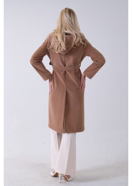 Camel Çift Cepli Kemer Bağlamalı Kapüşonlu Yün Kaban 0108089.09