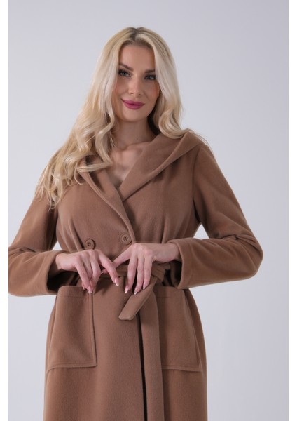 Camel Çift Cepli Kemer Bağlamalı Kapüşonlu Yün Kaban 0108089.09