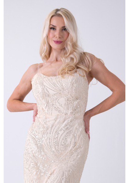 Gold Taş Işlemeli Uzun Balık Abiye 0801056.122