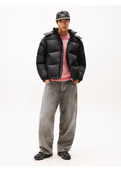 Tommy Hılfıger Erkek Marka Logolu Geri Dönüştürülmüş Yırtılmaz Naylon Dik Yakalı Fırtına Manşetli Kapüşonlu Siyah Mont DM0DM22036 Bds modelleri