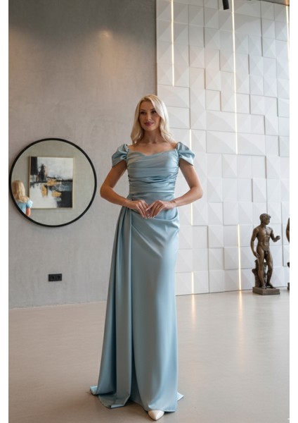 Turkuaz Drape Detaylı Saten Kumaş Abiye Elbise 9704858.14