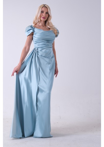 Turkuaz Drape Detaylı Saten Kumaş Abiye Elbise 9704858.14 fiyatları