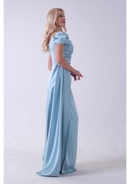 Turkuaz Drape Detaylı Saten Kumaş Abiye Elbise 9704858.14 modelleri