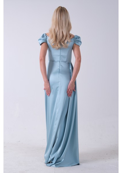 Turkuaz Drape Detaylı Saten Kumaş Abiye Elbise 9704858.14 fırsatları