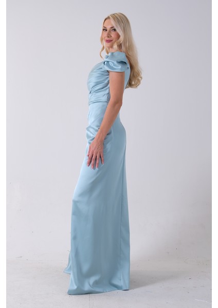 Turkuaz Drape Detaylı Saten Kumaş Abiye Elbise 9704858.14 indirimleri