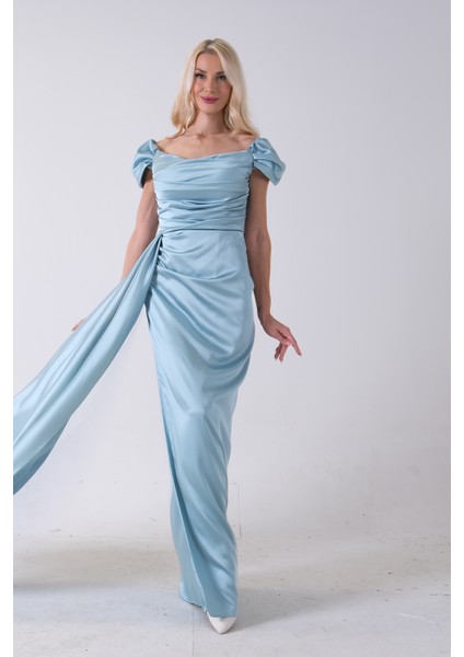 Turkuaz Drape Detaylı Saten Kumaş Abiye Elbise 9704858.14