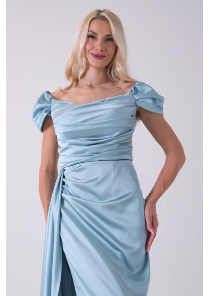 Turkuaz Drape Detaylı Saten Kumaş Abiye Elbise 9704858.14
