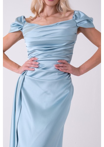 Turkuaz Drape Detaylı Saten Kumaş Abiye Elbise 9704858.14