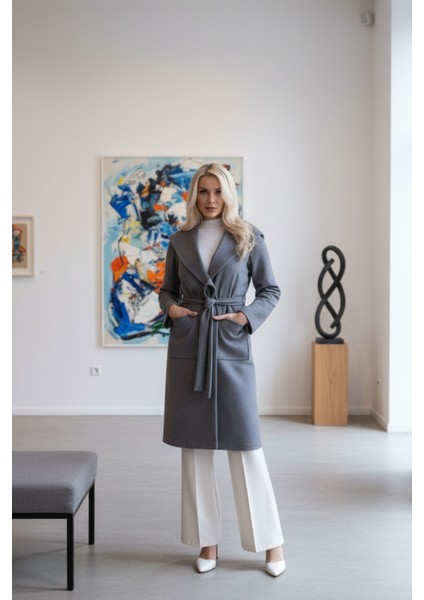 Gri Çift Cepli Kemer Bağlamalı Kapüşonlu Yün Kaban 0108089.06