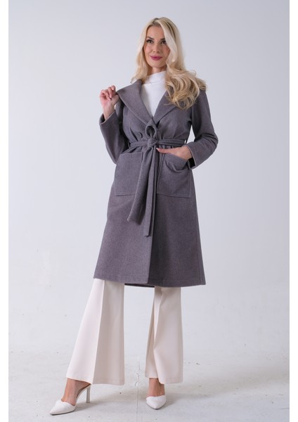 Gri Çift Cepli Kemer Bağlamalı Kapüşonlu Yün Kaban 0108089.06 fiyatları