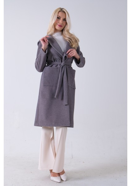 Gri Çift Cepli Kemer Bağlamalı Kapüşonlu Yün Kaban 0108089.06 modelleri