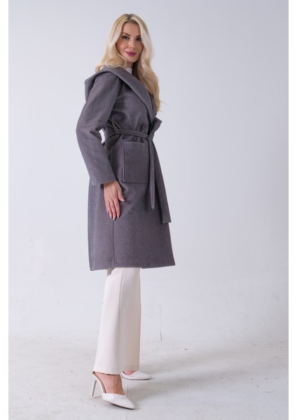 Gri Çift Cepli Kemer Bağlamalı Kapüşonlu Yün Kaban 0108089.06 fırsatları