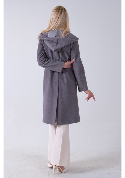 Gri Çift Cepli Kemer Bağlamalı Kapüşonlu Yün Kaban 0108089.06 indirimleri